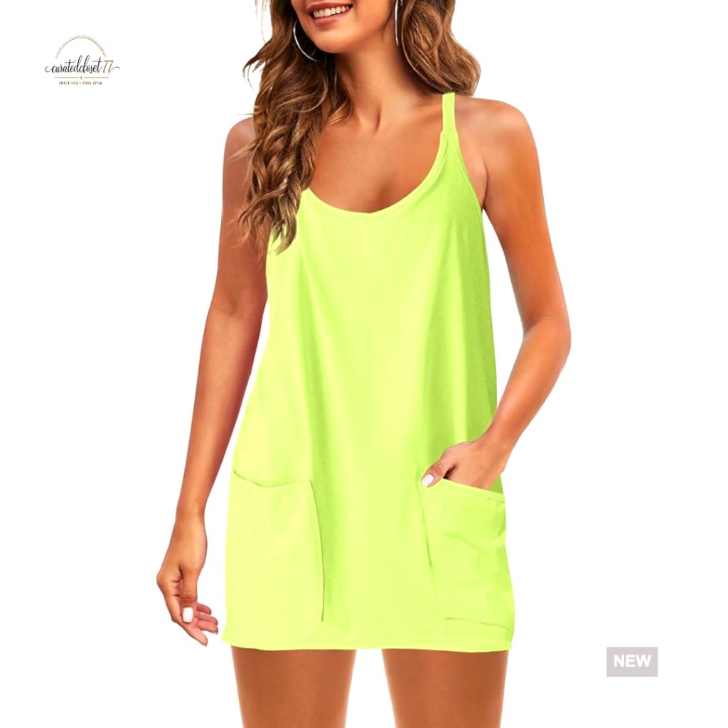 Sleeveless Mini Dress With Pockets, V-Neck Spaghetti Strap Sundress For Summer